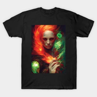 Beautiful Fire Mage | Fantasy Artwork | Pyromancer | Fire Sorceress | Abstract Painting T-Shirt